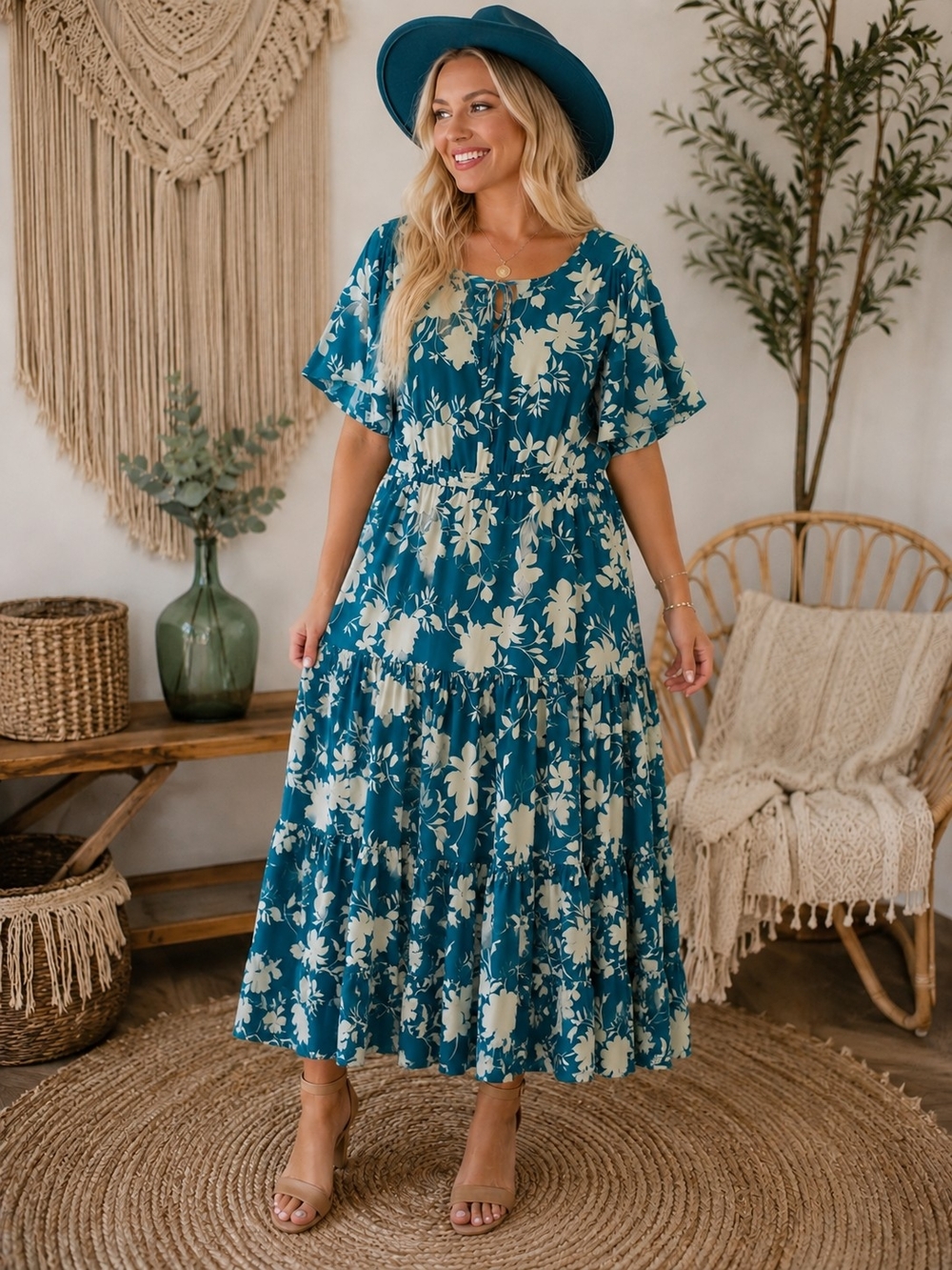 torrid Teal Floral Maxi Dress with Cream Blooms
